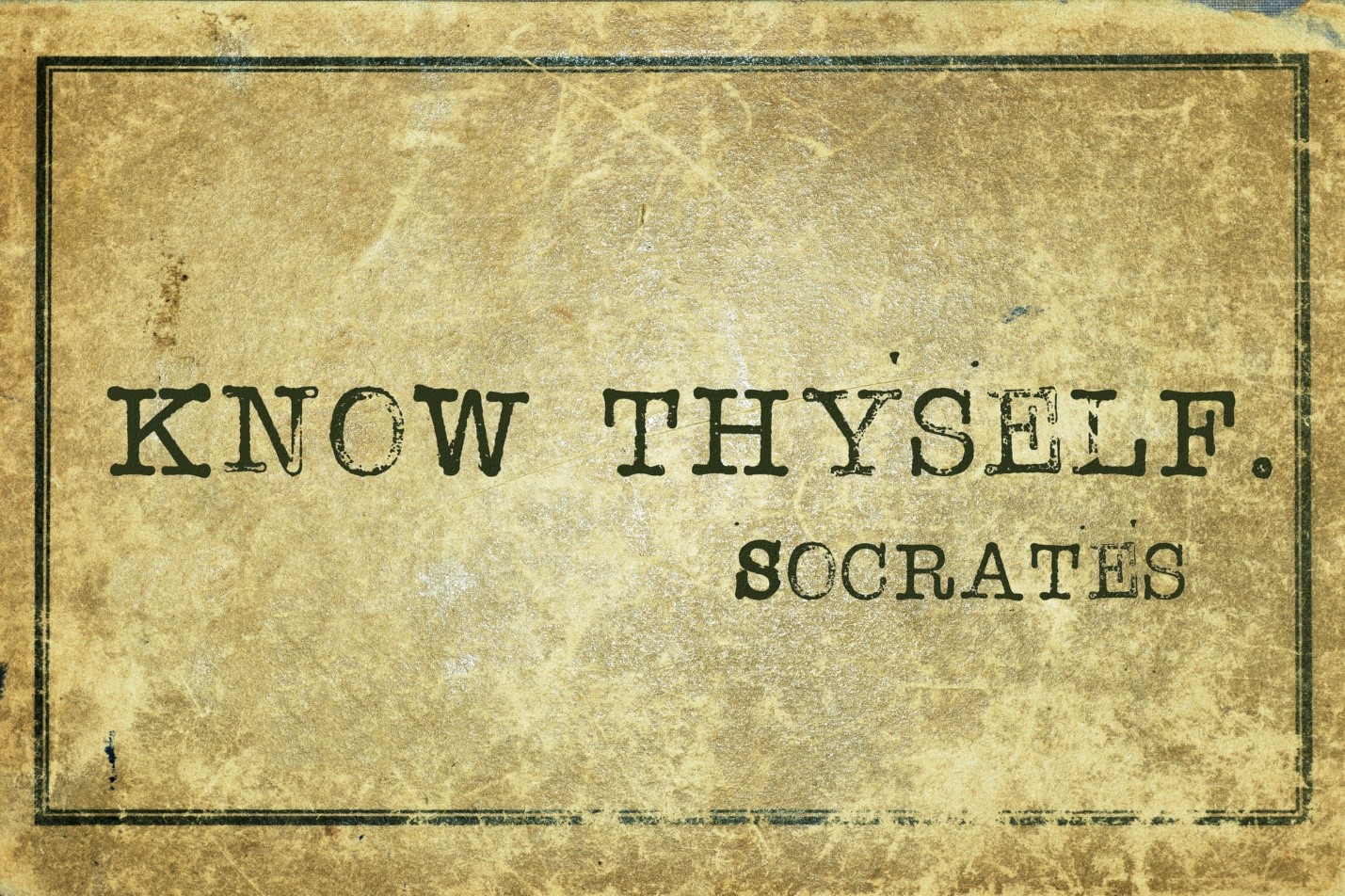 stylized text, quote from Socretes, “Know Thyself.”